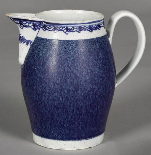 Mocha Pottery Jug with Speckled Blue Glaze, Circa 1790-1800
