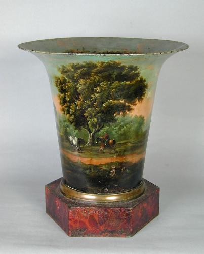 A large French tole vase decorated with a landscape, c.1790