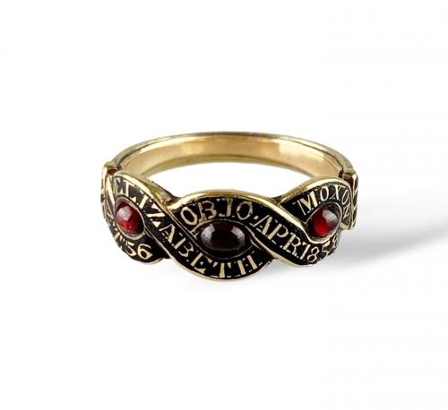 Garnet, gold & enamel mourning ring for Elizabeth Moxon. English, dated 1858