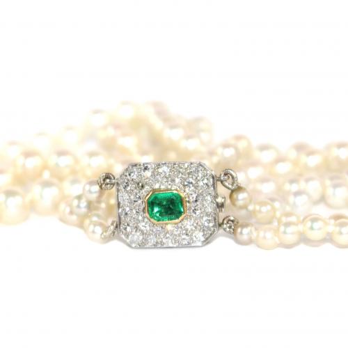 Art Deco Cultured Pearls, Emerald Diamond Clasp c.1930