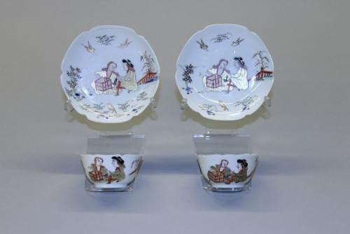 A pair of Chinese porcelain semi-eggshell teabowls and saucers, Yongzheng, 1723-1735