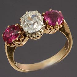 Victorian natural Burmese ruby and diamond three stone ring
