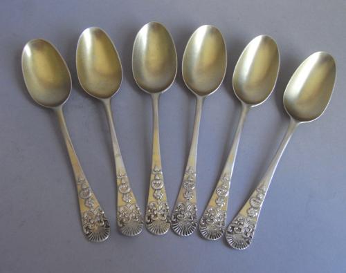 An unusual set of six George II silvergilt Teaspoons. Made in London circa 1745 by Elias Cachart