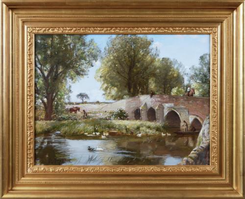 Landscape oil painting of a bridge over a river by Sir David Murray