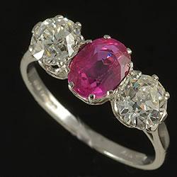 Platinum set Burmese ruby and diamond three stone ring, circa 1910