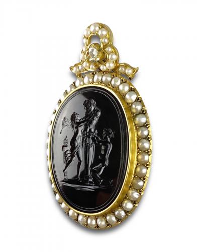 Gold, pearl & diamond pendant with Erotic agate intaglio. English, 19th century