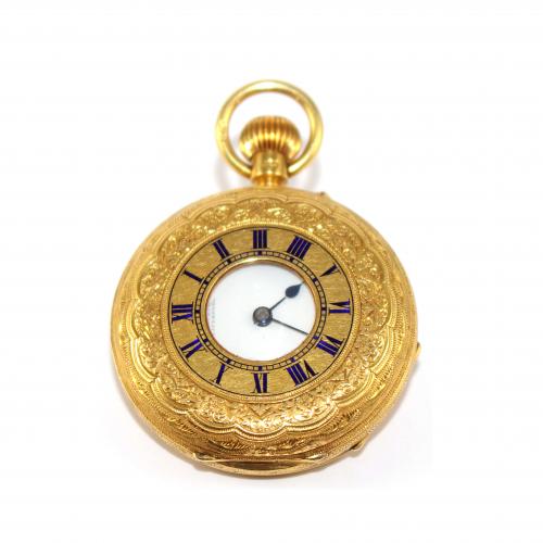 Edwardian 18ct Gold Small Half Hunter Pocket Watch by Russells of Liverpool