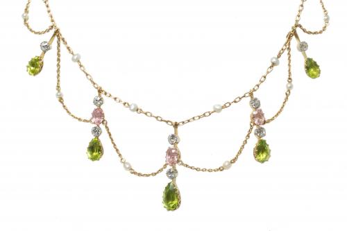Edwardian Pink Topaz, Peridot & Diamond Necklace c.1910