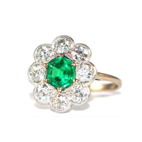 Art Deco Hexagonal Emerald & Diamond Cluster Ring c.1930
