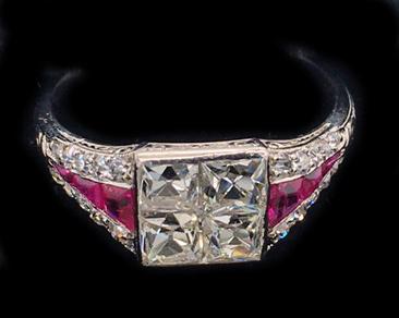 Platinum square cut diamond ring with Burmese rubies