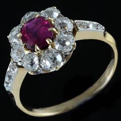 Victorian natural Burmese ruby and diamond cluster ring