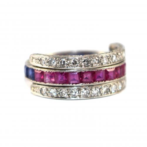 Art Deco Sapphire, Ruby and Diamond Flip Eternity Ring c. 1930 size M