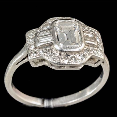 Art Deco platinum set emerald cut diamond ring