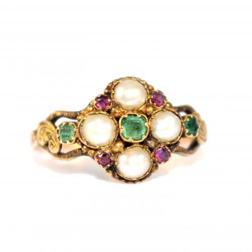 Georgian Pearl, Emerald & Ruby locket back ring c.1810