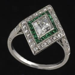 Art Deco emerald and diamond triangular shaped ring