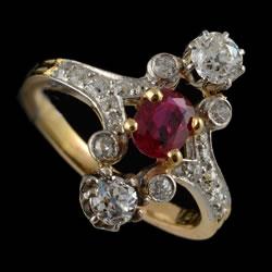 Natural ruby and diamond Victorian gold ring