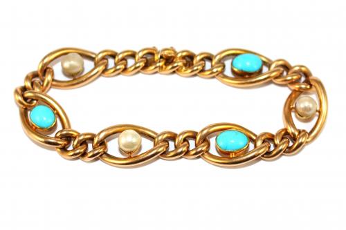 Victorian Turquoise & Pearl Curb Bracelet c.1900