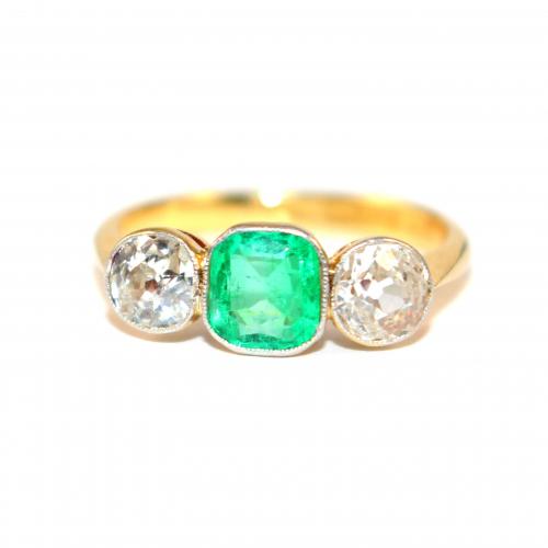 Art Deco Emerald & Diamond 3 Stone Ring c.1925