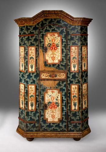 A Fine Paint Decorated Folk Art Marriage Cupboard