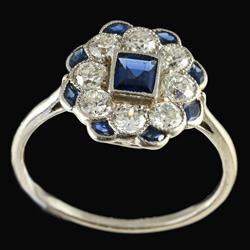 Sapphire diamond and platinum cluster ring, circa 1920