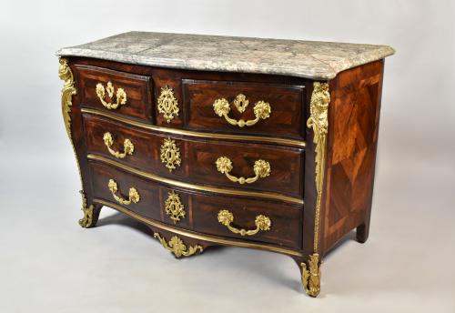 French Regence period kingwood commode with original gilt bronze mounts and grey marble top, stamped ED for Etienne Doirat, c.1730