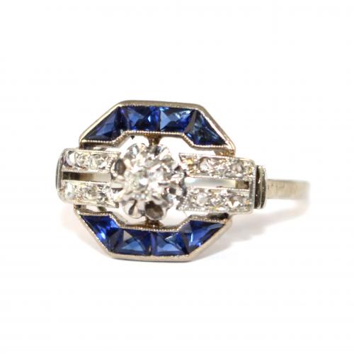 Art Deco French cut Sapphire & Diamond Ring c.1930