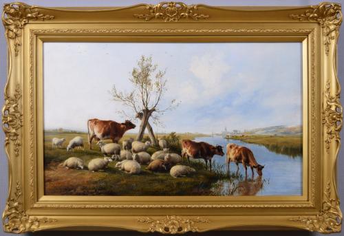 Landscape animal oil painting of cattle & sheep at a river by Thomas Sidney Cooper