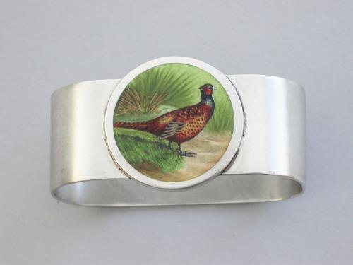 Edwardian Silver Napkin Ring Enameled with a Cock Pheasant