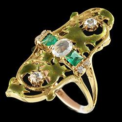 Gold enamel emerald and rose diamond Art Nouveau ring