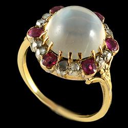Victorian gold moonstone rose diamond ruby cluster ring