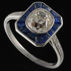 Sapphire and diamond Art Deco cushion cut ring