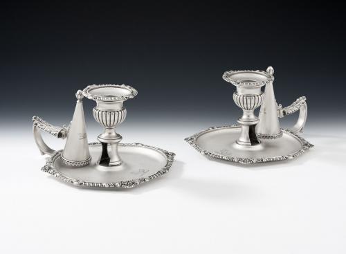 A very fine pair of George III Chamber Candlesticks made in London in 1818 by William Burwash