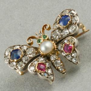 Victorian sapphire ruby diamond and emerald butterfly brooch