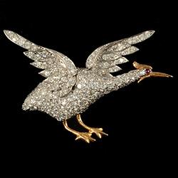 Platinum and gold stork brooch