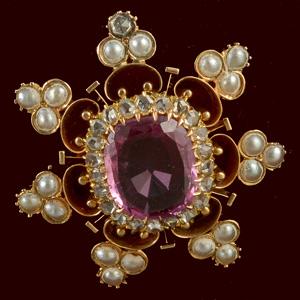 Edwardian pink topaz diamond and pearl brooch