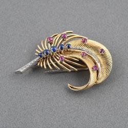 Gold sapphire ruby and diamond feather brooch
