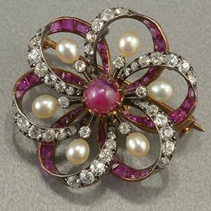 Edwardian Burmese ruby diamond and pearl circular brooch