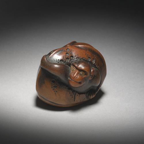 Wood Netsuke of a Monkey in Chestnut, by Naito Toyomasa