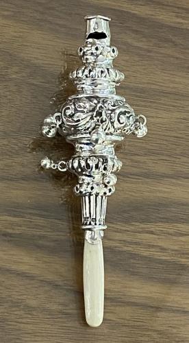Victorian silver child’s baby rattle E S Barnsley 1896