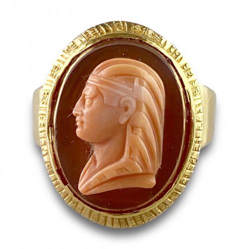 Gold ring set with a carnelian intaglio of a Pharaoh. French, 19th century