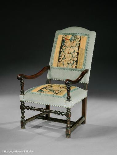 Armchair Commemorative Walnut Folk Initialed JFP dFP French Aubusson Tapestry
