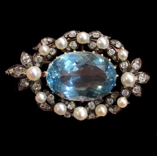 Victorian aquamarine diamond and pearl brooch