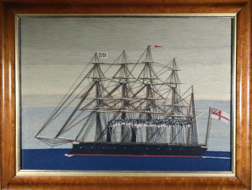 Sailor's Woolwork of Royal Navy Five-masted Ship under Steam,  HMS Minotaur or HMS Agincourt, Minotaur Class Broadside Ironclad,  Circa 1880