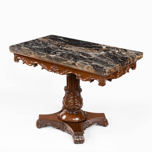 An Anglo-Indian mahogany table with Nero portoro marble top by White and Co Calcutta