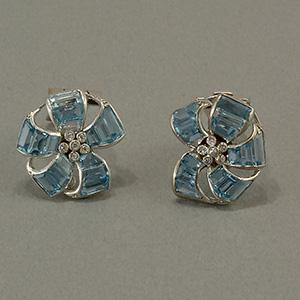 Platinum diamond and aquamarine clip earrings