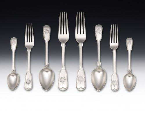 An exceptionally fine Fifty Eight piece Fiddle & Thread Flatware Set made in London by Francis Higgins in 1862