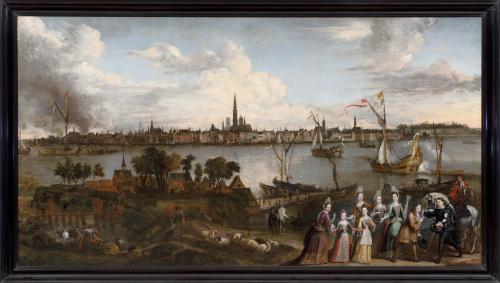 Hendrick van Minderhout and Jan van Helmont, The Arrival at St. Anneke in Antwerp, with a noble family, presumably the Arenberg-Croÿ Family in the Foreground