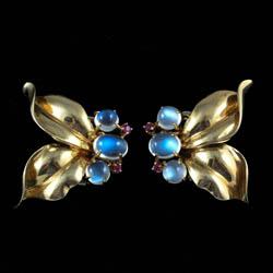 Gold ruby and moonstone cloud earring, 1940s