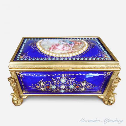French Blue Enamel Box Painted With Romantic Scene To Lid, Gilt Metal Mounts, circa 1880-1900