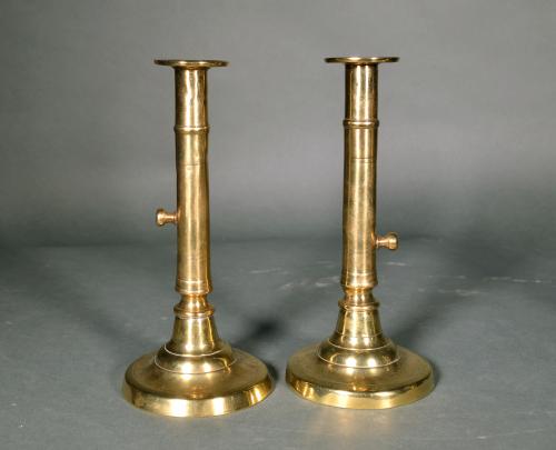 Antique Georgian English Brass Side-eject Candlesticks-  Pair, Circa 1800-20